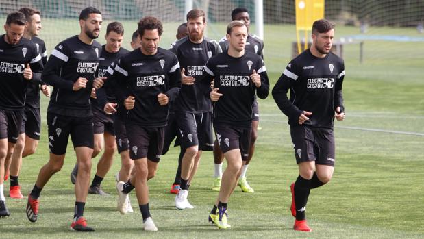 Varios jugadores de la plantilla del Córdoba trotan en un entrenamiento