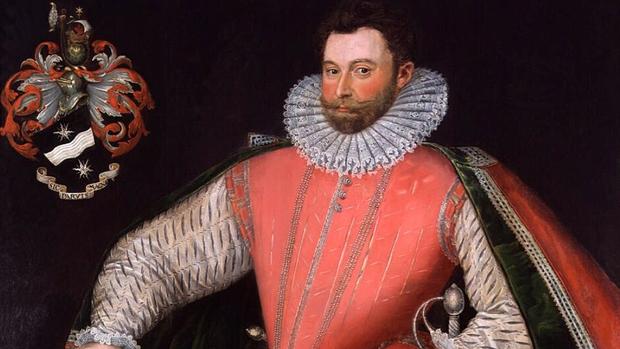 Retrato de Drake, junto a su escudo de armas con uno de sus lemas: «Sic parvis magna» («La grandeza nace de pequeños comienzos»)