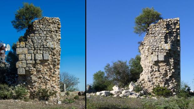 A la izquierda, la Torre de Gibalbín en 2016 y a la derecha, en su estado actual tras el derrumbe