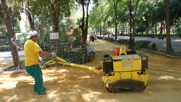 Un operario se afana en aplastar con una máquina el albero de una de las calles del Parque de María Luisa